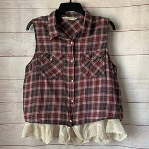 Hippie Laundry Sleeveless Plaid Button Up Shirt Boho Crochet Lace Ruffle Size L